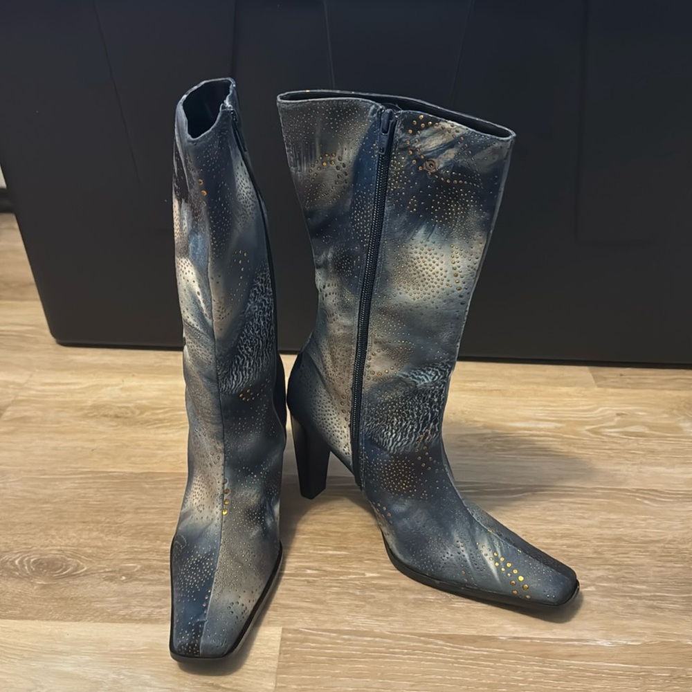 Blue/black/gold heeled boots with bird detailing